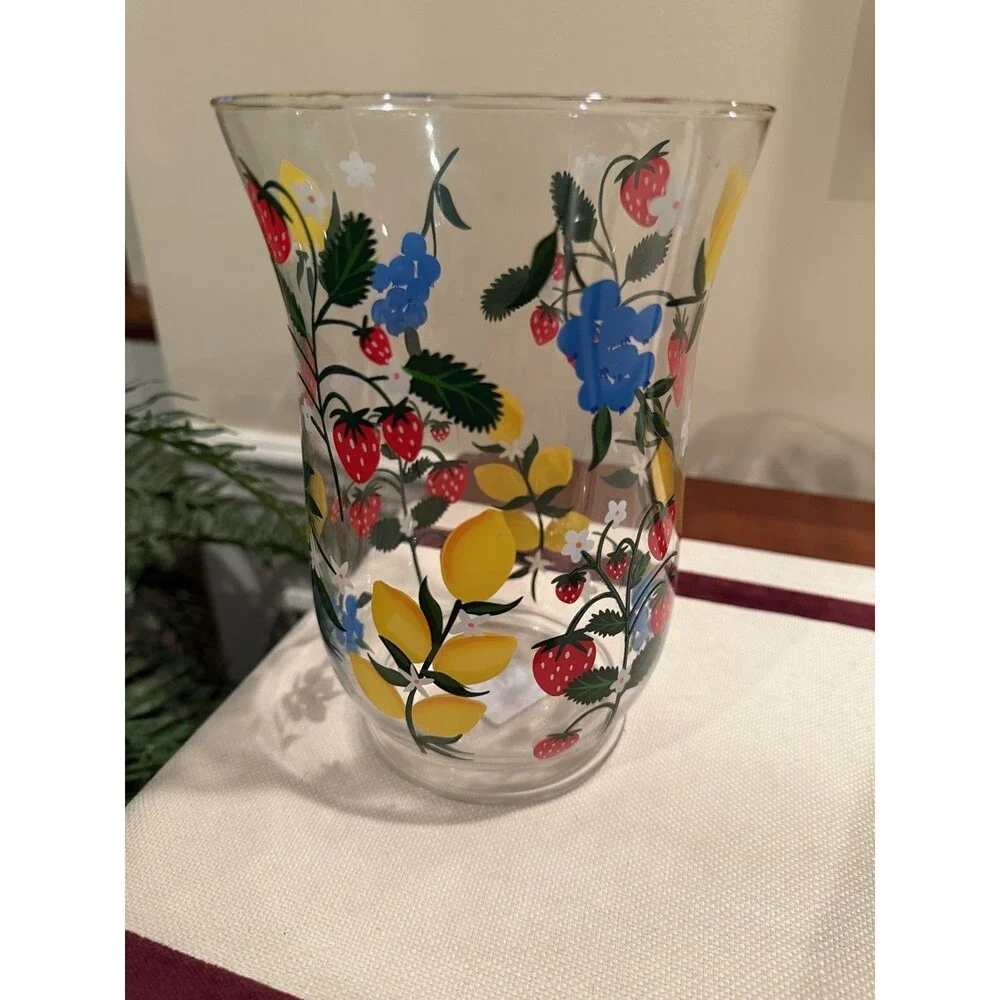 Vintage Hand Painted Glass Hurricane Vase Strawberries Lemons Blue Flowers 7.5”